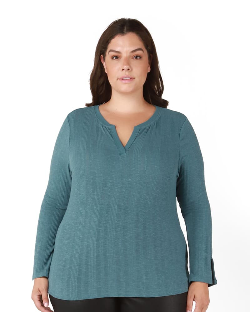 Front of a model wearing a size 0X Aria Spliced Neck Top in Light Teal by DEX PLUS. | dia_product_style_image_id:239827